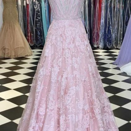 A-line Blush Pink Lace Long Prom Dresses Cap..