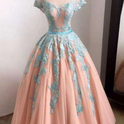 Blush Pink Cap Sleeves Prom Dresses,lace Appliques..