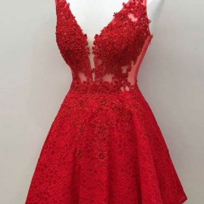 Red Lace Beaded Homecoming Dresses V Neck Short A..