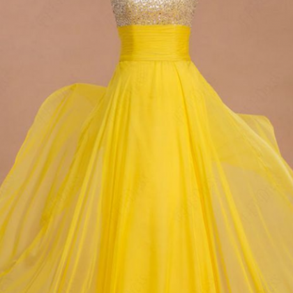 Beaded Yellow Chiffon Long Prom Dresses Evening..