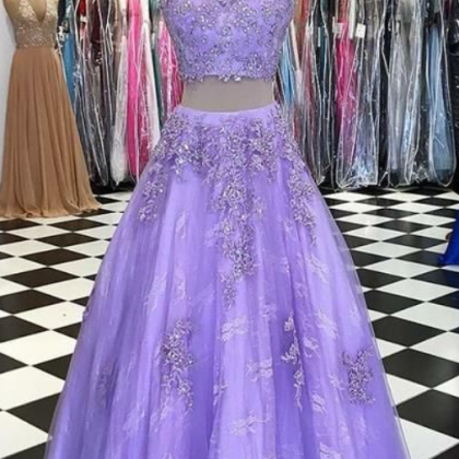 Two Piece Round Neck Lavender Lace Prom Dress With..