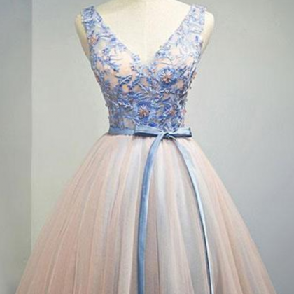 Pink V Neck Tulle Lace Applique Short Prom Dress,..