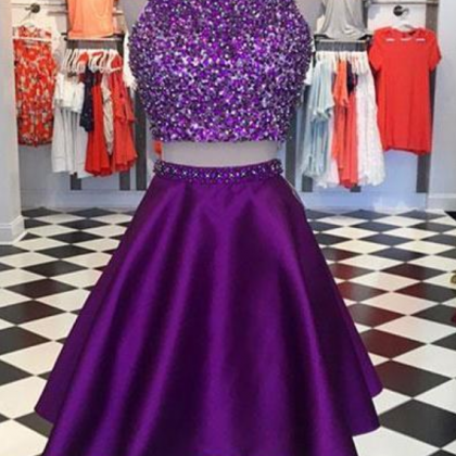 Purple Two Pieces Sequin Short Prom Dress, Purple..