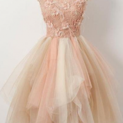 Champagne Round Neck Tulle Beads Short Prom Dress,..