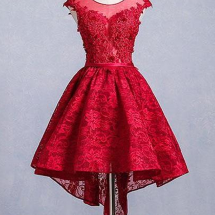 Cute Burgundy Lace Short Prom Dress, Burgundy..