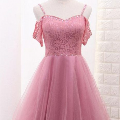 Pink Lace A Line Homecoming Dresses, Spaghetti..