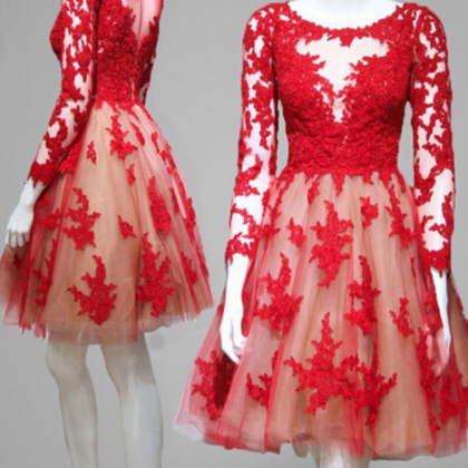 Elegant A-line Homecoming Dress,long Sleeves Red..