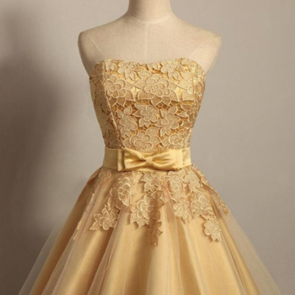 Golden Lace Tulle Satin Homecoming Dresses A Line..