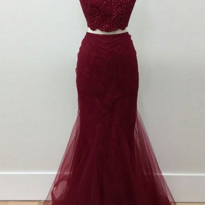 Burgundy Prom Dress,two Piece Prom Dress,long..