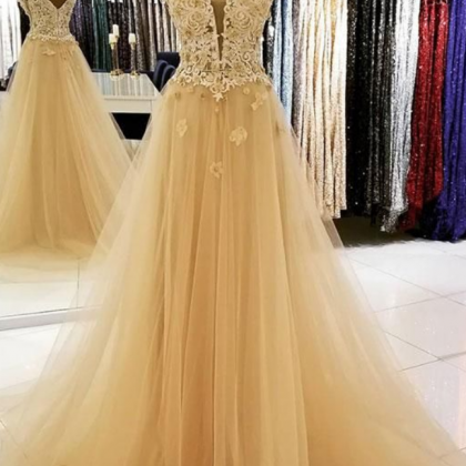 Champagne Tulle Lace Long Prom Dress, Lace Evening..