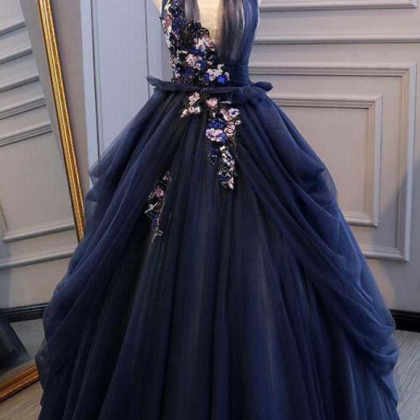 Ball Gown Blue Tulle Lace Long Prom Dresses Deep V..
