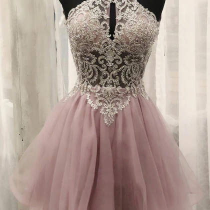 Cute Pink Lace Tulle Short Strapless Prom Dress,..