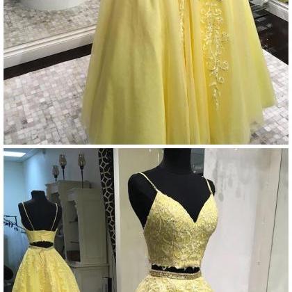 Yellow Tulle Lace V Neck Two Pieces Open Back Long..