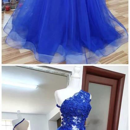 Royal Blue Tulle Lace One Shoulder Long Prom..