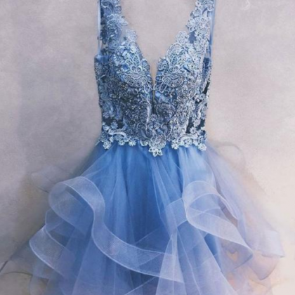 Blue Tulle Short Lace Layered Halter Prom Dress,..