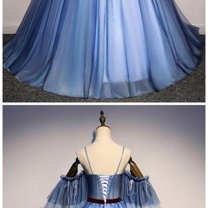 Blue Tulle Off Shoulder Puffy Sleeve Long Sweet 16..