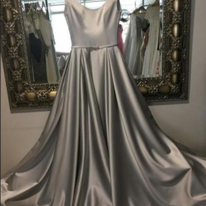Deep Gray Satin Round Neck Long Halter Prom Dress,..