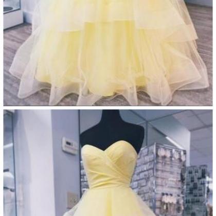 Yellow Tulle Strapless Long Layered Sweet 16 Prom..