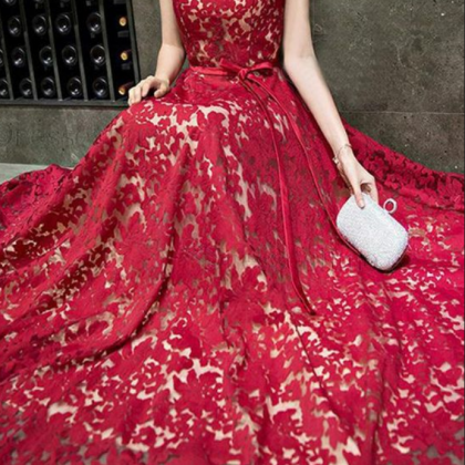 Burgundy Lace Sequins Long Prom Dress, Burgundy..