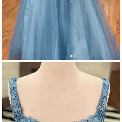 Blue Tulle Two Pieces Long Lace Prom Dress,..