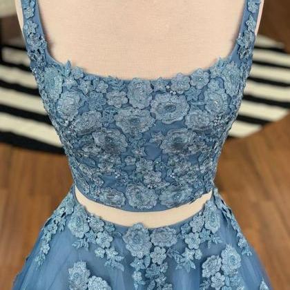 Blue Tulle Two Pieces Long Lace Prom Dress,..