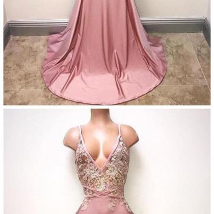 Pink V Neckline Mermaid Appliques Prom Dresses..