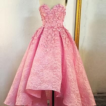 Pink Lace Sweetheart Neck High Low Homing Dress,..