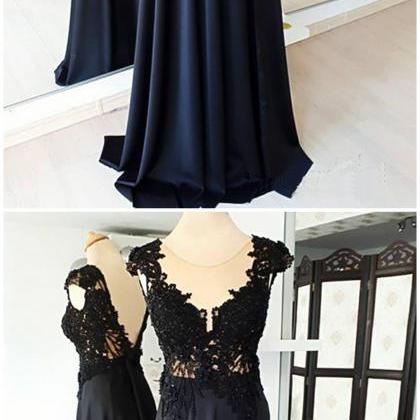 Black Lace Cap Sleeve Long Formal Prom Dress,..