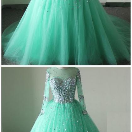 Mint Tulle Beaded Crystals Prom Dresses Long..