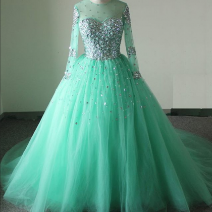 Mint Tulle Beaded Crystals Prom Dresses Long..