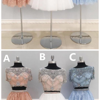 Cute Two Pieces Tulle Beads Short Prom Dress,..