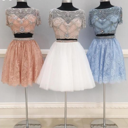 Cute Two Pieces Tulle Beads Short Prom Dress,..