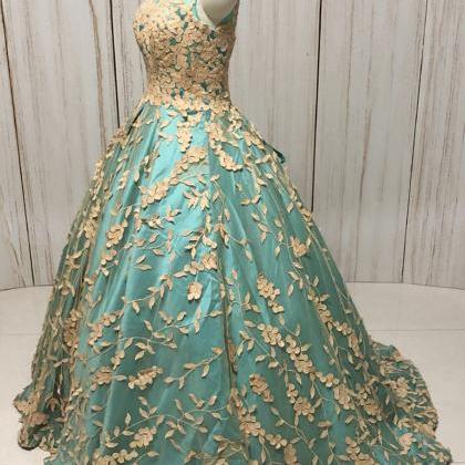 Green Long V Neck Gold Lace Applique Formal Prom Dress, Evening Dress ...