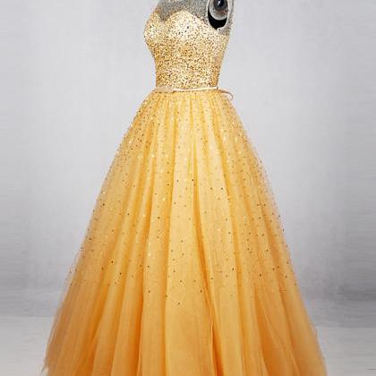 Gold Tulle Long Sequins Custom Size Formal Prom..
