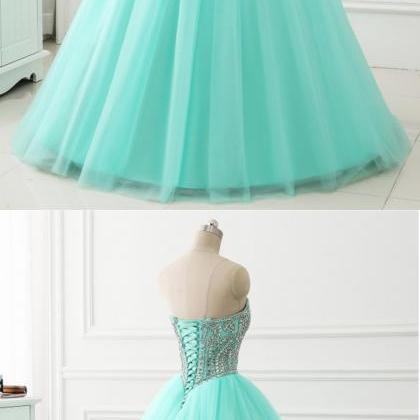 Sweetheart Neck Mint Tulle Beaded Long Ball Gown,..