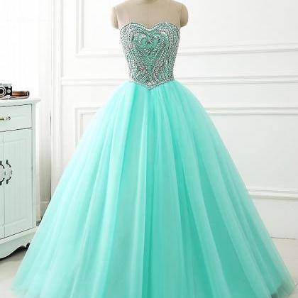 Sweetheart Neck Mint Tulle Beaded Long Ball Gown,..