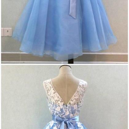 Light Blue Tulle Mid Length Lace Bridesmaid Dress,..