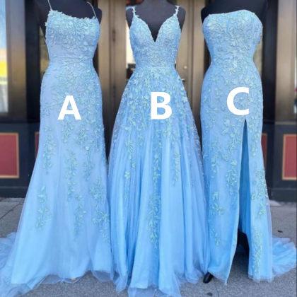 Blue Tulle Lace Customize Long Prom Dress, Evening..