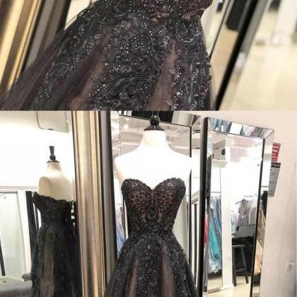 Black Tulle Long A Line Prom Dress With Lace..