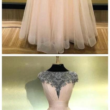 Blush Pink Tulle Cap Sleeve Long Beaded Prom Dress..