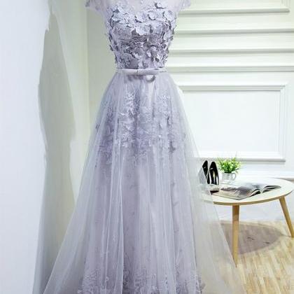 Gray Tulle Floor Length Cap Sleeves Lace Long..