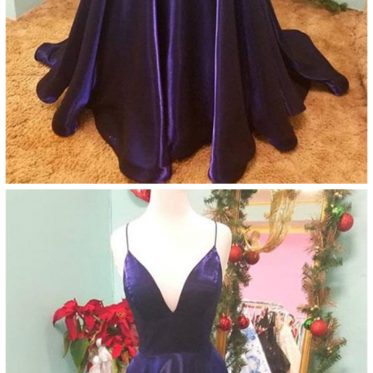 Simple Purple V Neck Satin Long Prom Dress,..