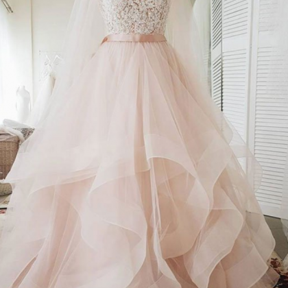 Pink V Neck Lace Long Prom Dress, Pink Evening..