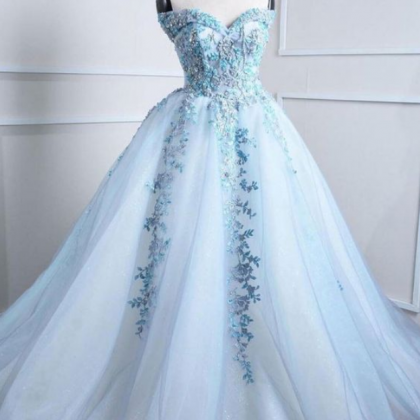 Blue Tulle Lace Applique Long Prom Dress, Blue..