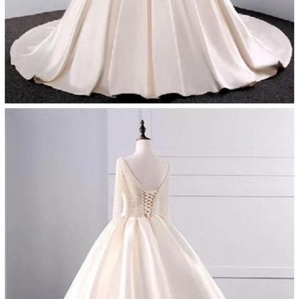 Fashion Simple Beige Wedding Dresses Full Sleeve..