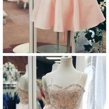 Blush Pink Straps Crystal Short Homecoming Dress,..