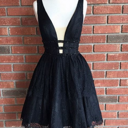 Cute Black Lace Homecoming Dress,short V Neck..