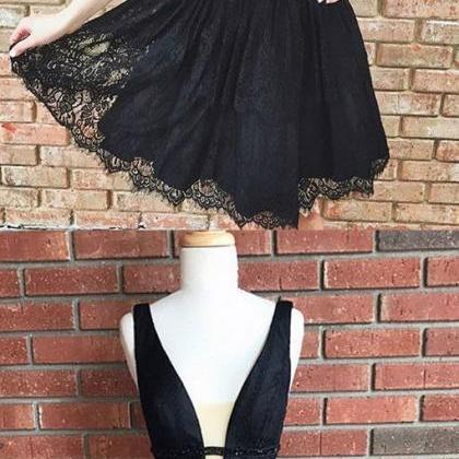 Cute Black Lace Homecoming Dress,short V Neck..