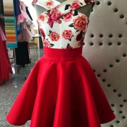 Red Flower Print Bodice A Line Short Homecoming..