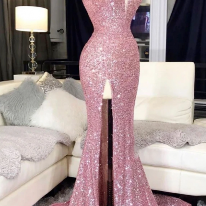 pink sequin mermaid long prom dress